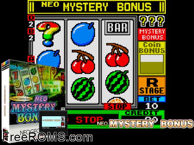 Neo Mystery Bonus Hack NeoGeo Pocket game showing 3D box cover and gameplay screenshot